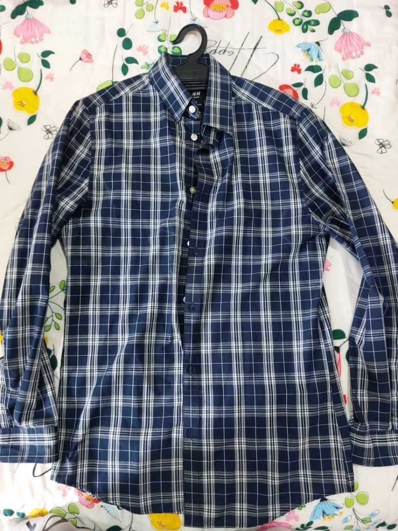 H M Dark Blue Checkered Shirt Men s Fashion Tops Sets Formal