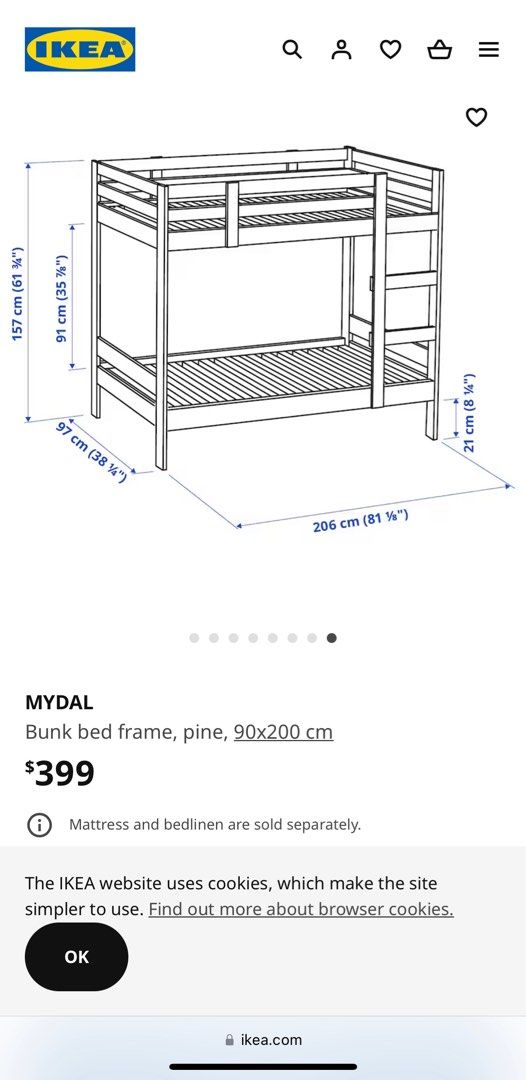 IKEA MYDAL Bunk bed frame, pine, 90x200 cm, Furniture & Home Living