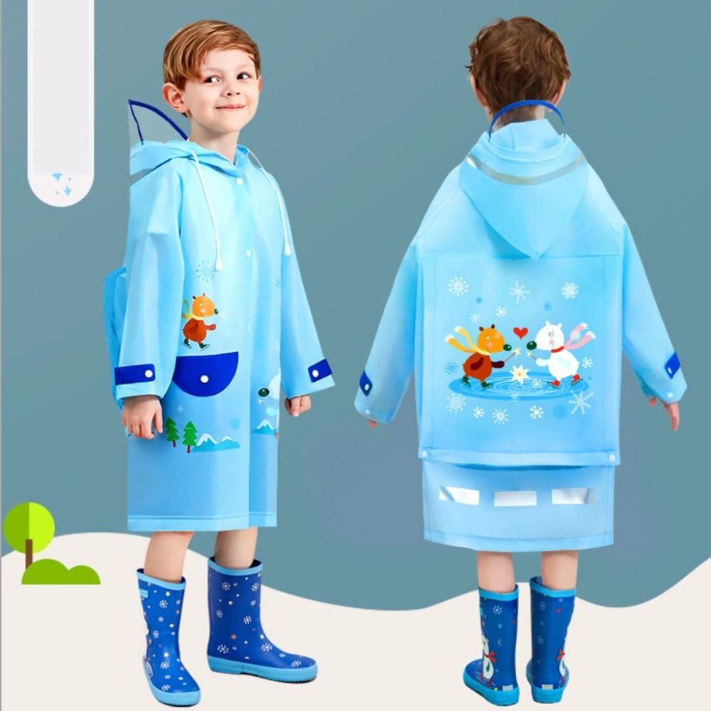 Kids Children Raincoat Suit for Girls Boys Waterproof Hooded Cartoon Rain coat with Bag Compartment Reflective Strip