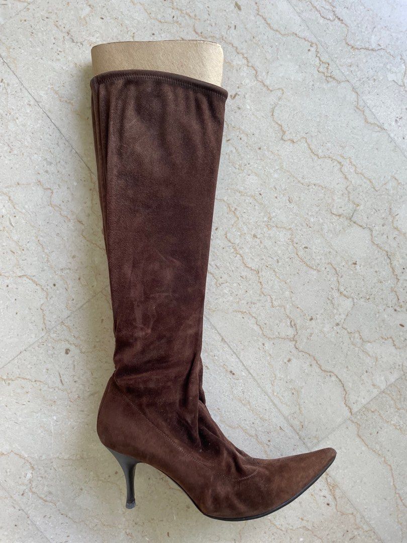 Knee high brown suede pull up boots