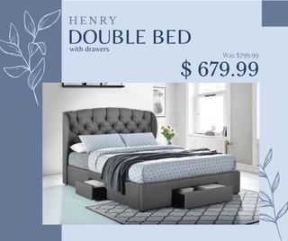 <Linen Fabric>Henry Double Bed with Drawers FOR SALE!!! Special Price On for Now!