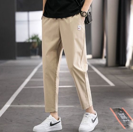 Korean Style Mens Slim Fit Work Pants Elastic Waist, Soft Formal