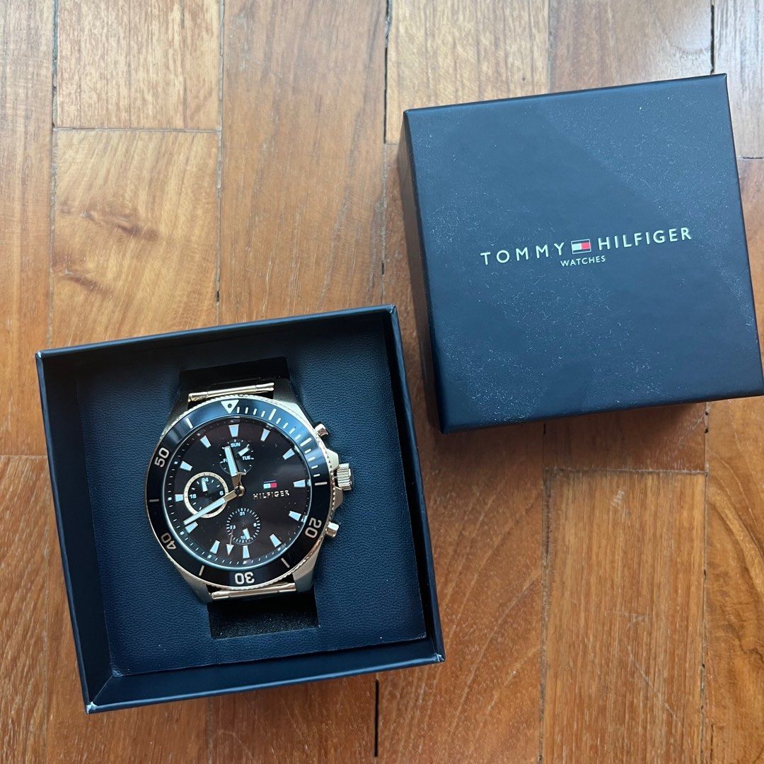 Men s Tommy Hilfiger 46MM Gold Metal Watch Luxury Watches on
