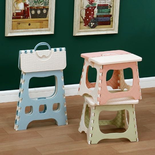 Plastic Chair Foldable Stool (Category: Chairs) located in Manila. Submitted by winterbliss (Listing ID 1254911330, Image 1). Description: Available Color: Light pink, pink, Blue Size: - Small: L:24cm W: 19cm H: 19cm - Medium: L:28.5cm W: 23.5cm H: 24cm .