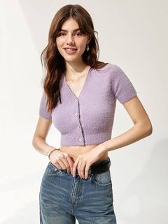 Pomelo - Flower Button Knit Top Lilac Purple Size S