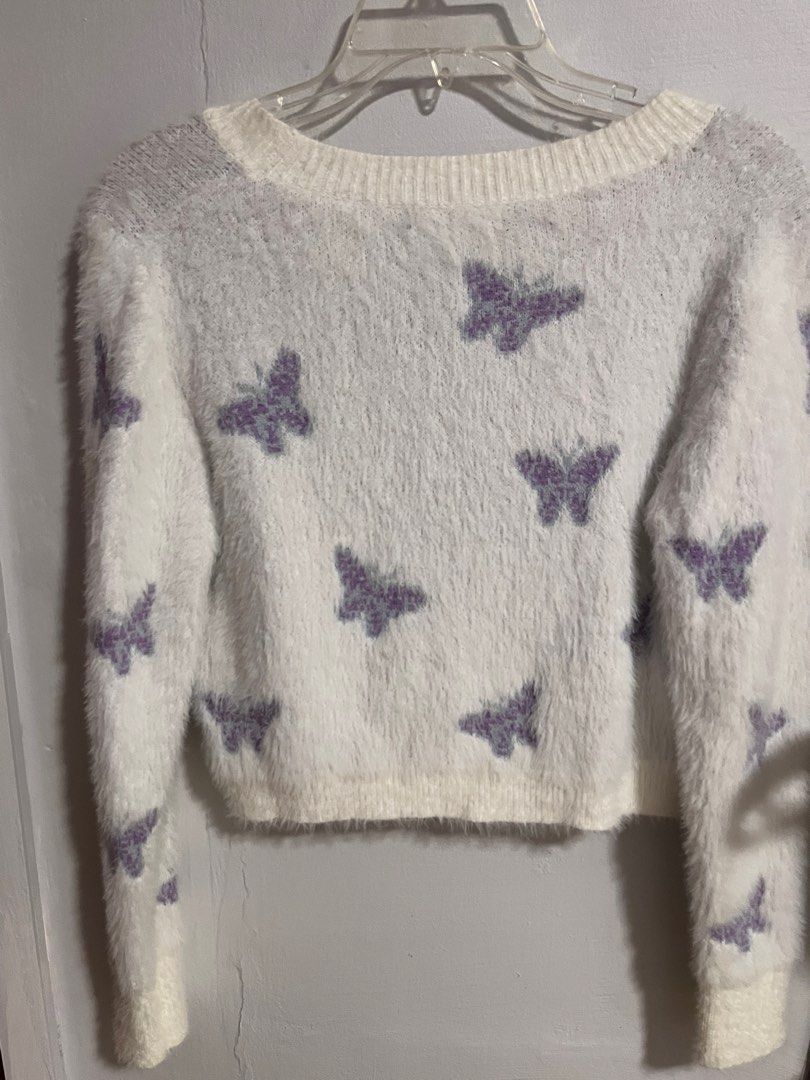 purple butterfly white fluffy sweater Women s Fashion Coats