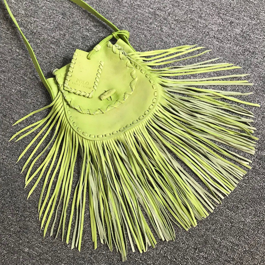 RALPH LAUREN FRINGED CROSS BODY BAG FULL LEATHER AUTHENTIC CANDY