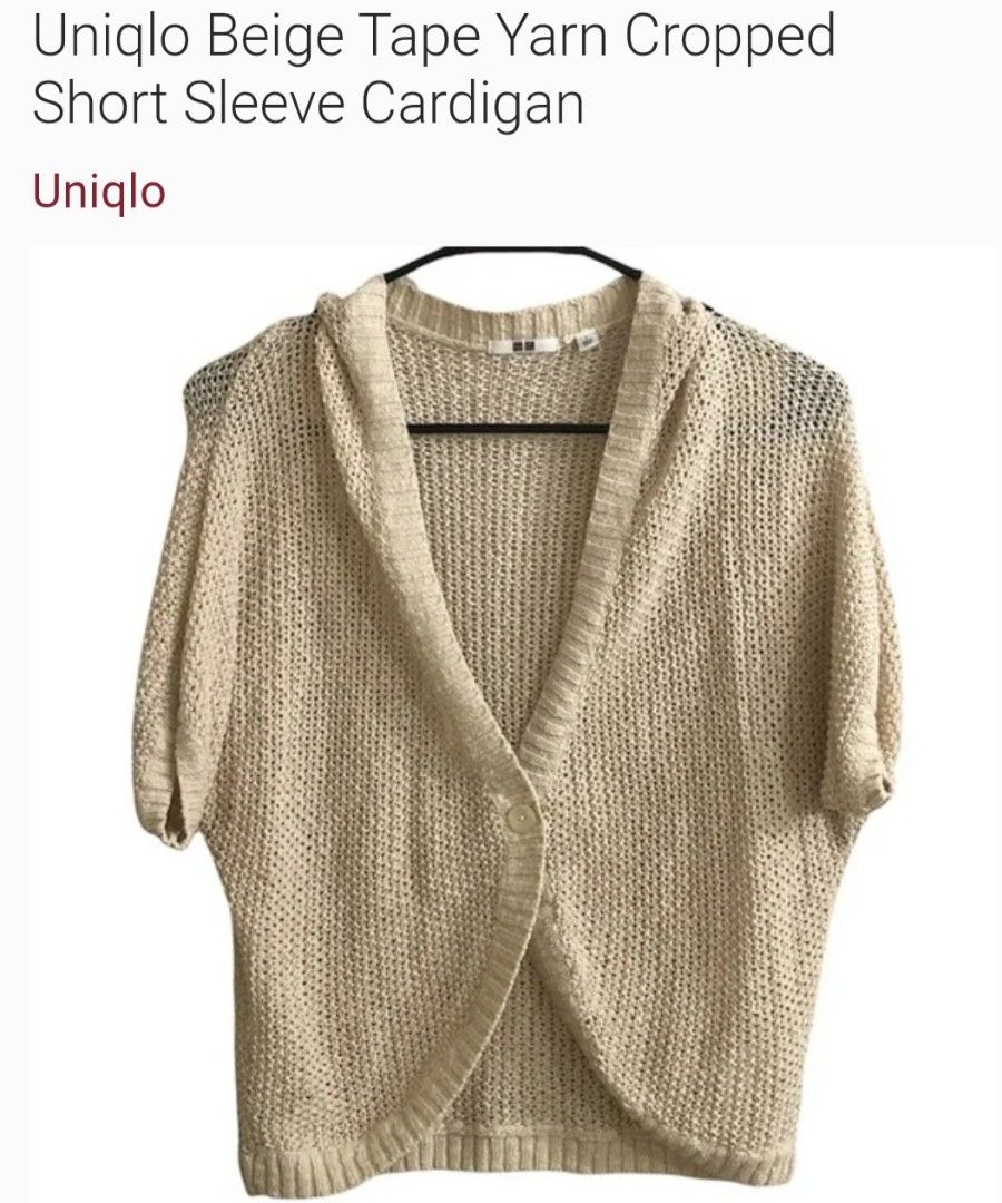 UNIQLO Beige Cardigan (Category: Coats, Jackets and Outerwear) located in Cebu City. Submitted by declutter_cebu (Listing ID 1254896477, Image 1). Description: UNIQLO Beige Short Sleeve Cardigan ( Medium) Used with care Best paired with denim shorts and white tube/spag straps **Some photos for reference only. RFS: declutter Refrain from Haggling please!.