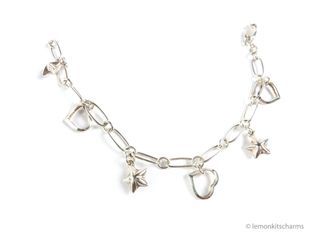 Vintage 1990s Sterling Silver Heart Stars Charm Bracelet, 18.7cm, br453-c
