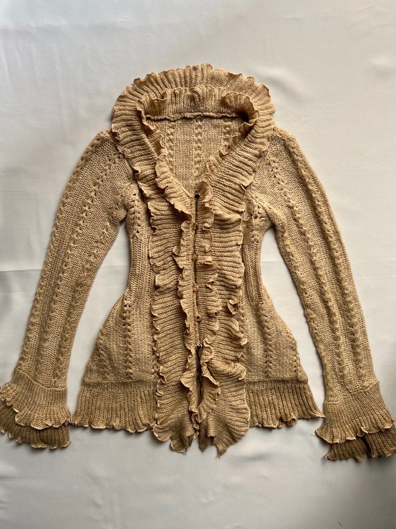 Most Favorite Vintage Y2K Crochet Caramel Brown Ruffled Cardigan Sweater Women s Fashion Coats Jackets and Outerwear on Carousell