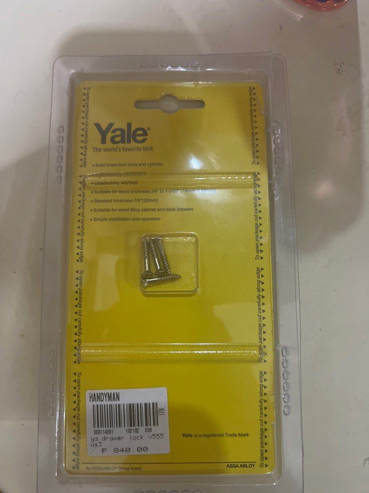 Yale drawer lock (Category: Locks, Doors & Gates) located in Manila. Submitted by prelovedbykmt (Listing ID 1254848925, Image 2). Description: Brand new yale drawer lock, package opened to check if it fits our drawer but isnt. Comes with complete set of keys (2) and screws (4) . Originally priced at 840 pesos from Handyman..