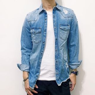 ZARA 水洗 刷破 破壞 牛仔 休閒 長版 口袋外套 男版 藍色 S號 JKT-M TP0_239 #23開學季
