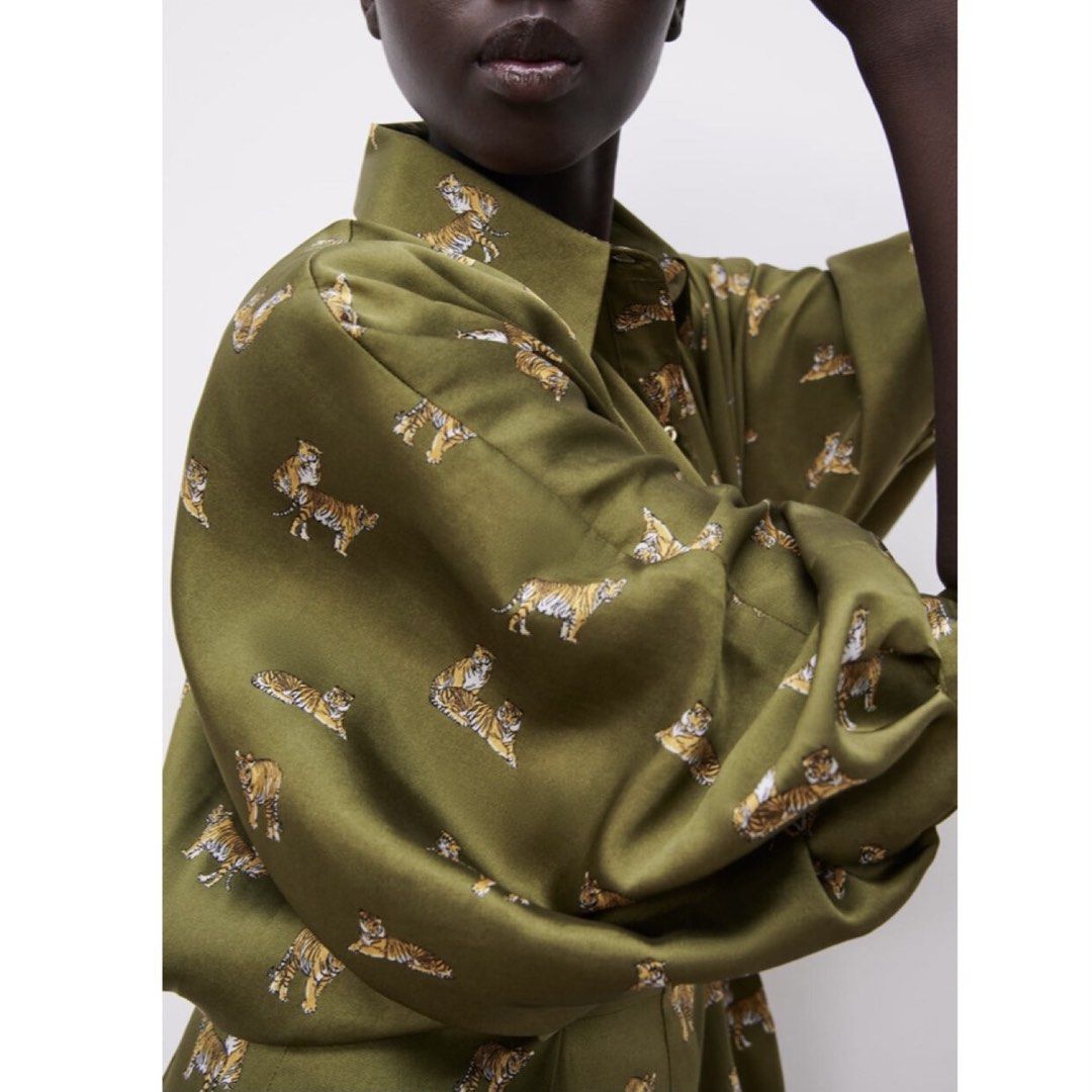 zara tiger shirt dress ZARA Tiger Print Midi Shirt Dress Green Safari Chic Resort Women M Dolman Sleeve
