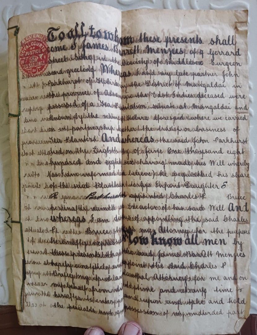 1886 British India & United Kingdom England Combo POA ( Power of Attorney)  Queen Victoria stamp & TEN SHILLINGS Embossed Document with beautiful  notary seal ROYAL COURT OF JUSTICE UK - 19,