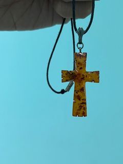 純銀墜頭波蘭天然十字架造形琥珀項鍊