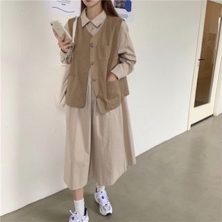 長版襯衫連身裙+工裝馬甲背心 洋裝