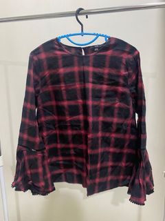 Black red checkered plaid blouse with flared sleeves