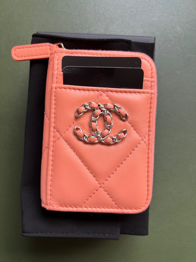 Chanel 19 Zip Wallet Card Holder Lambskin Pink/Peach, Luxury, Bags