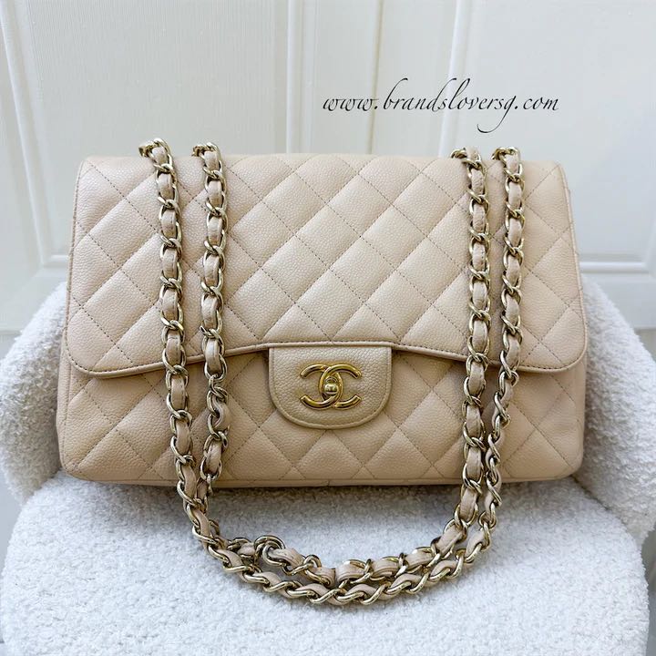 Chanel Classic Pearl White Caviar Double Jumbo Flap Bag - Allu USA