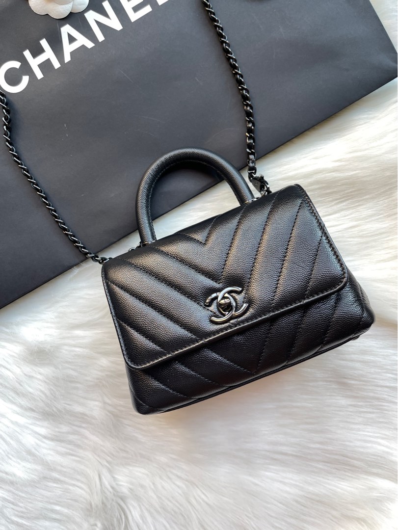 Chanel So Black Coco Handle Chevron Extra Mini, Luxury, Bags