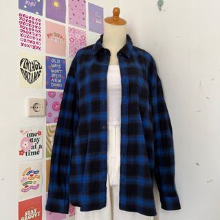 Checkered Shirt Kemeja Tartan Unisex Flannel Vintage Biru Kotak Hitam Basic Oversized (tag: who.a.u)