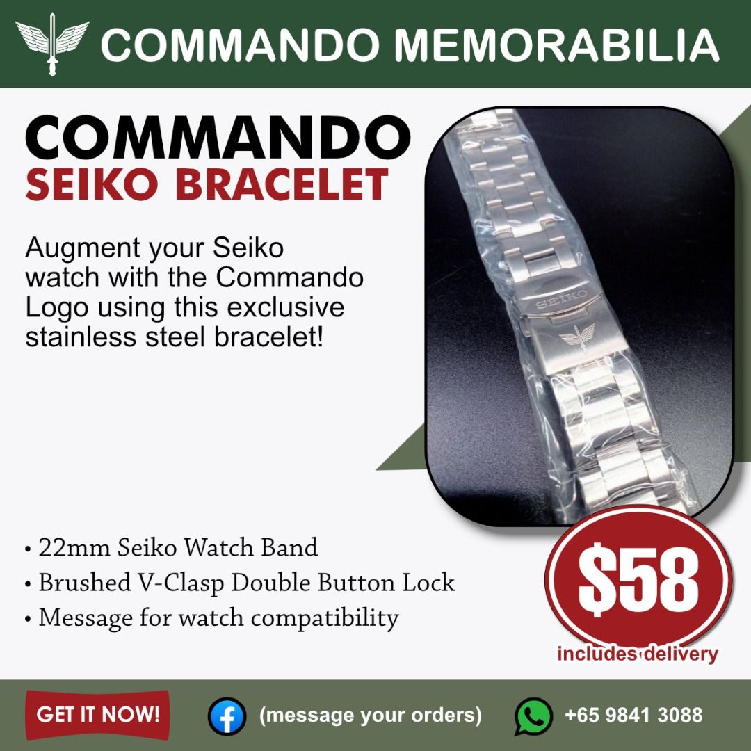 Commando Engraved Seiko SS Grade 316 Watch Bracelet with Solid