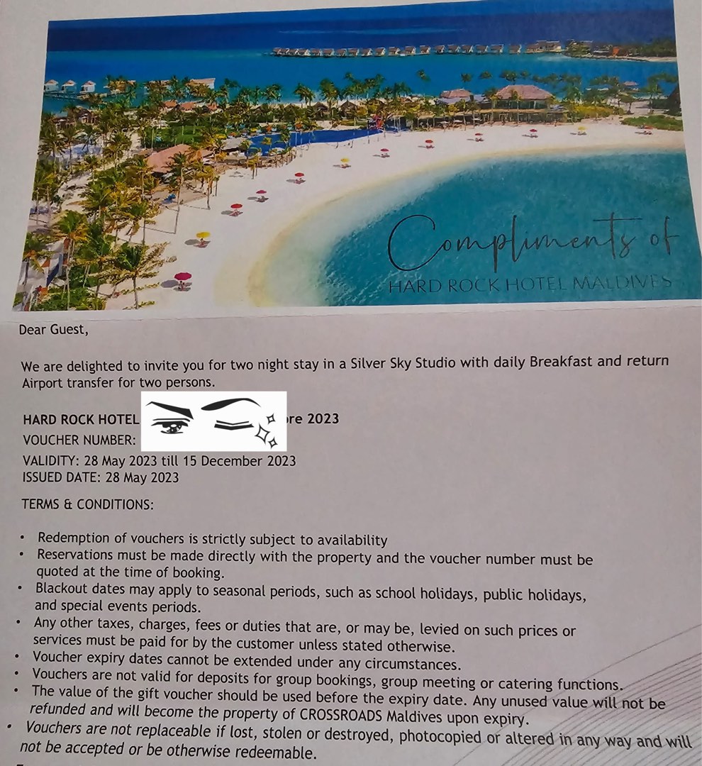 Hotel Voucher 3D2N in Maldives Hard Rock, Tickets & Vouchers, Vouchers