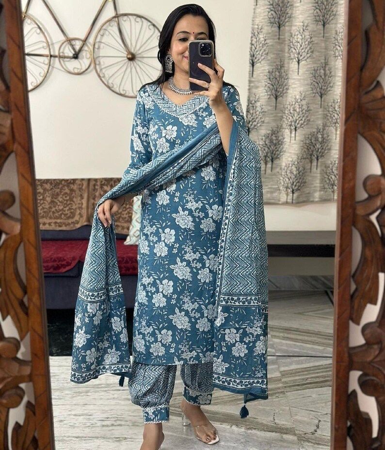 Sky Blue Cotton Embroidered Party Wear Salwar Suit Material