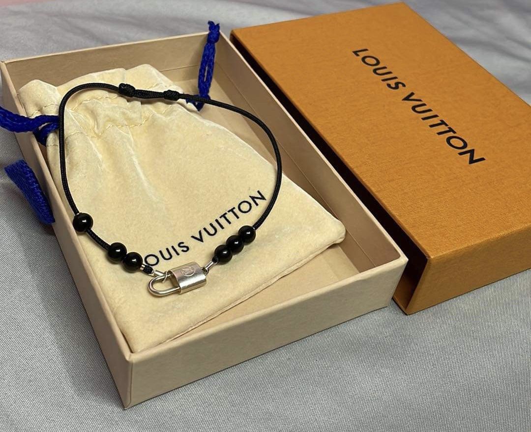 Louis Vuitton Silver Lockit Bracelet Titanium Black Polyester Cord Q05730