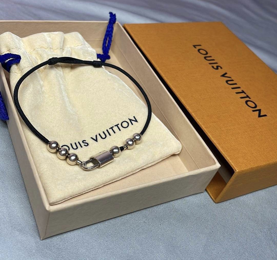 Louis Vuitton Silver Lockit Bracelet Titanium Black Polyester Cord Q05730