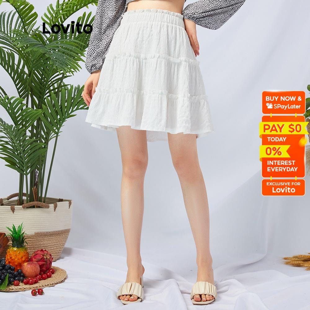 Lovito Cute Plain Frill Ruched Skirts For Women L11D31 White