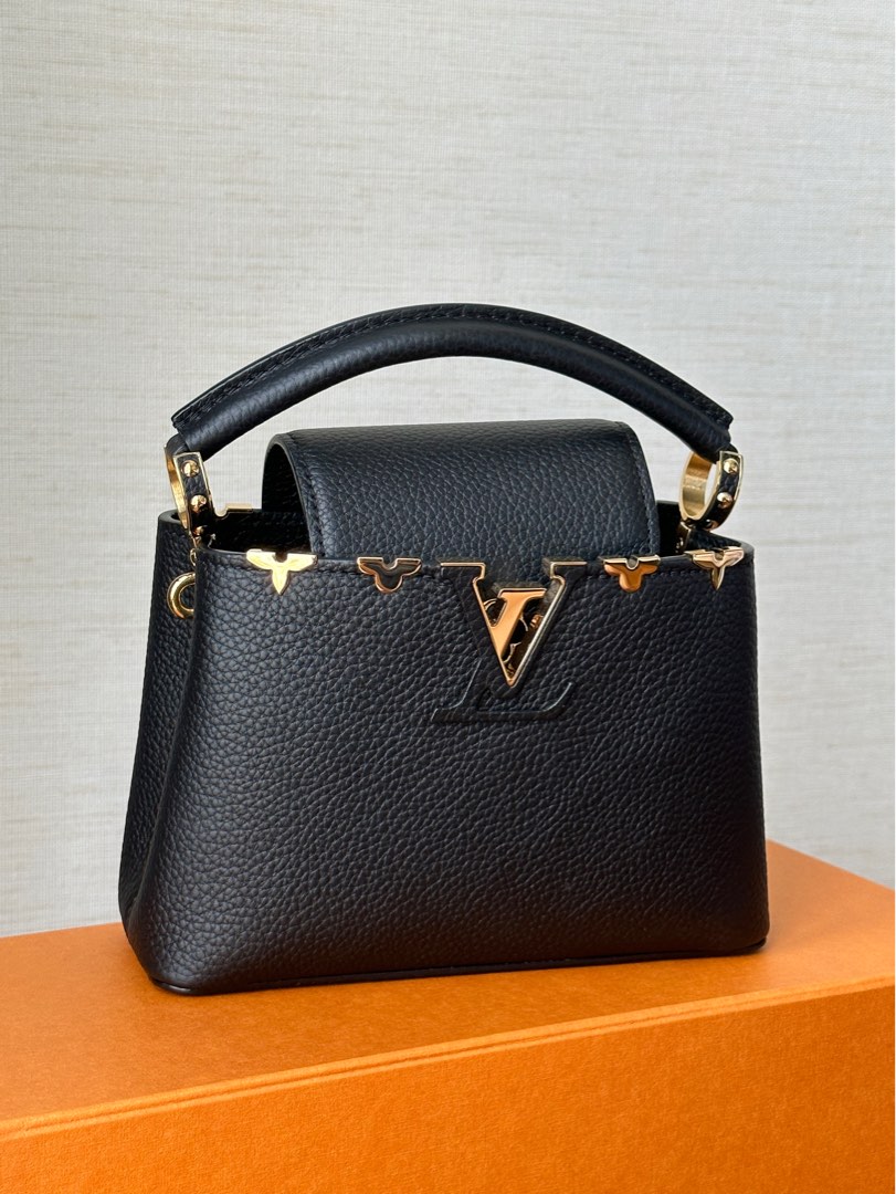 LV Mini Capucines Black with Gold Monogram Flowers, Luxury, Bags