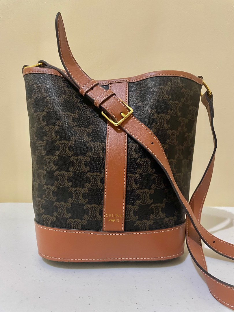 Triomphe Canvas Calfskin Medium Bucket Bag Tan