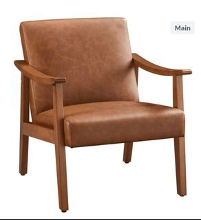 New Faux Leather Accent Chair with Wooden Armrests,Light Brown,Living Room Furniture