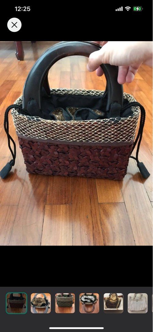 Rattan Basket Japanese style brown straw drawstring tote bag weaved with wooden handle 22cm x 18cm