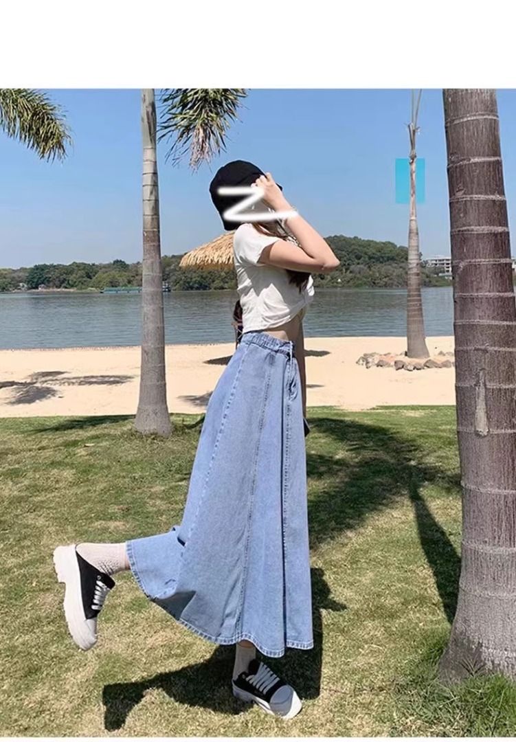 READY STOCK Women Plus Size Denim Jeans Elastic High Waist Stretchable A Shape Maxi Long Skirt Size XS 3XL