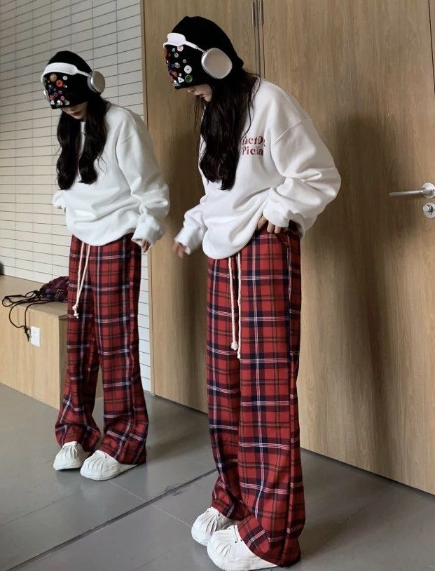 red checkered drawstring straight wide leg pants