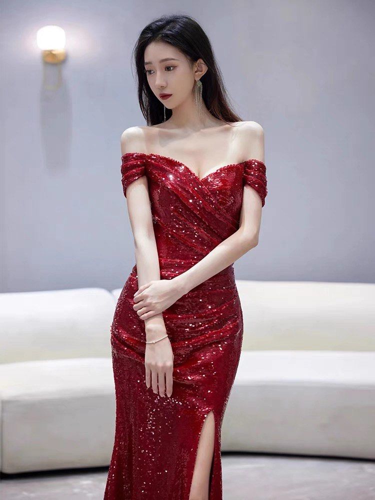 Red evening gown prom dress sparking dress