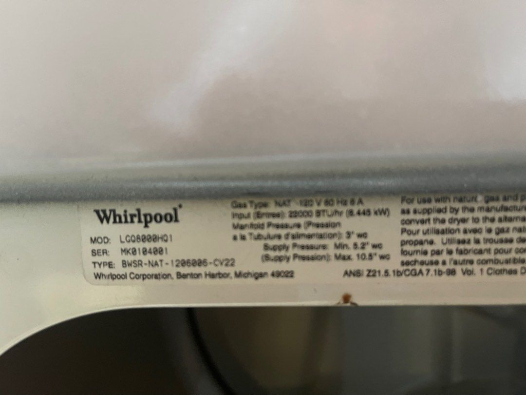 Sale Gas Whirlpool Heavy Duty Plus 110 igniter US all original 15kg, TV