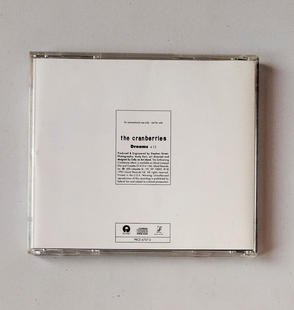 The Cranberries_Dreams CD Single Promo_VG++_US Press_399 PHP (Category: CDs & DVDs) located in Batangas. Submitted by bunnybunching (Listing ID 1255085560, Image 2). Description: - Posted item is 100% authentic. - Already checked, graded (based on Goldmine Standard Grading System), priced (rarity, country of pressing, etc.) and tested the best way possible before posting (except for factory sealed items which cannot be tested and opened as I am n
