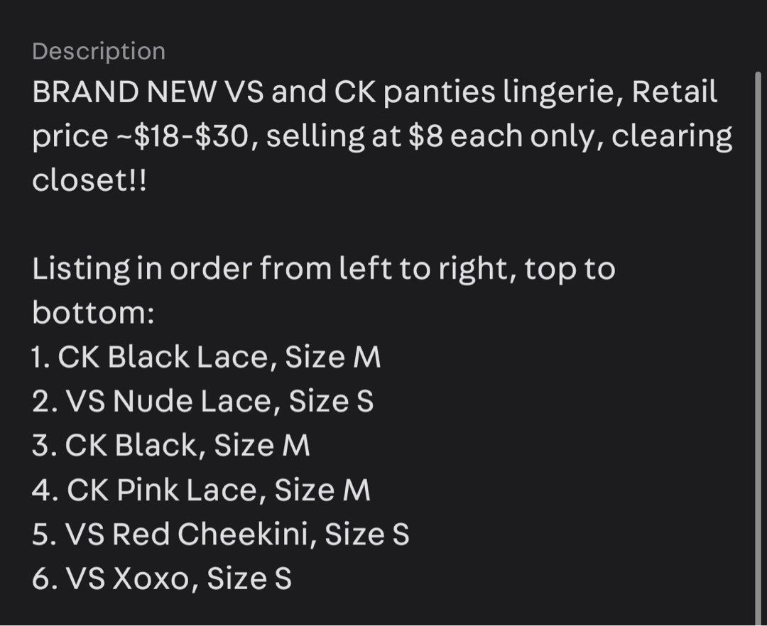 Ck panty store size chart