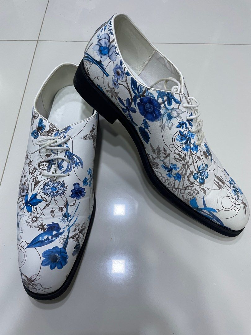 White Blue Floral Pattern Print Formal Oxford Lace Up Dress Shoe