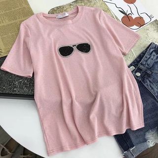0081 Women Short Sleeves With Sunglasses Picture Top Pink Free Size
