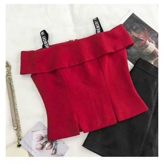 0082 Women Strap Folded Off Shoulder Crop Top Red Free Size