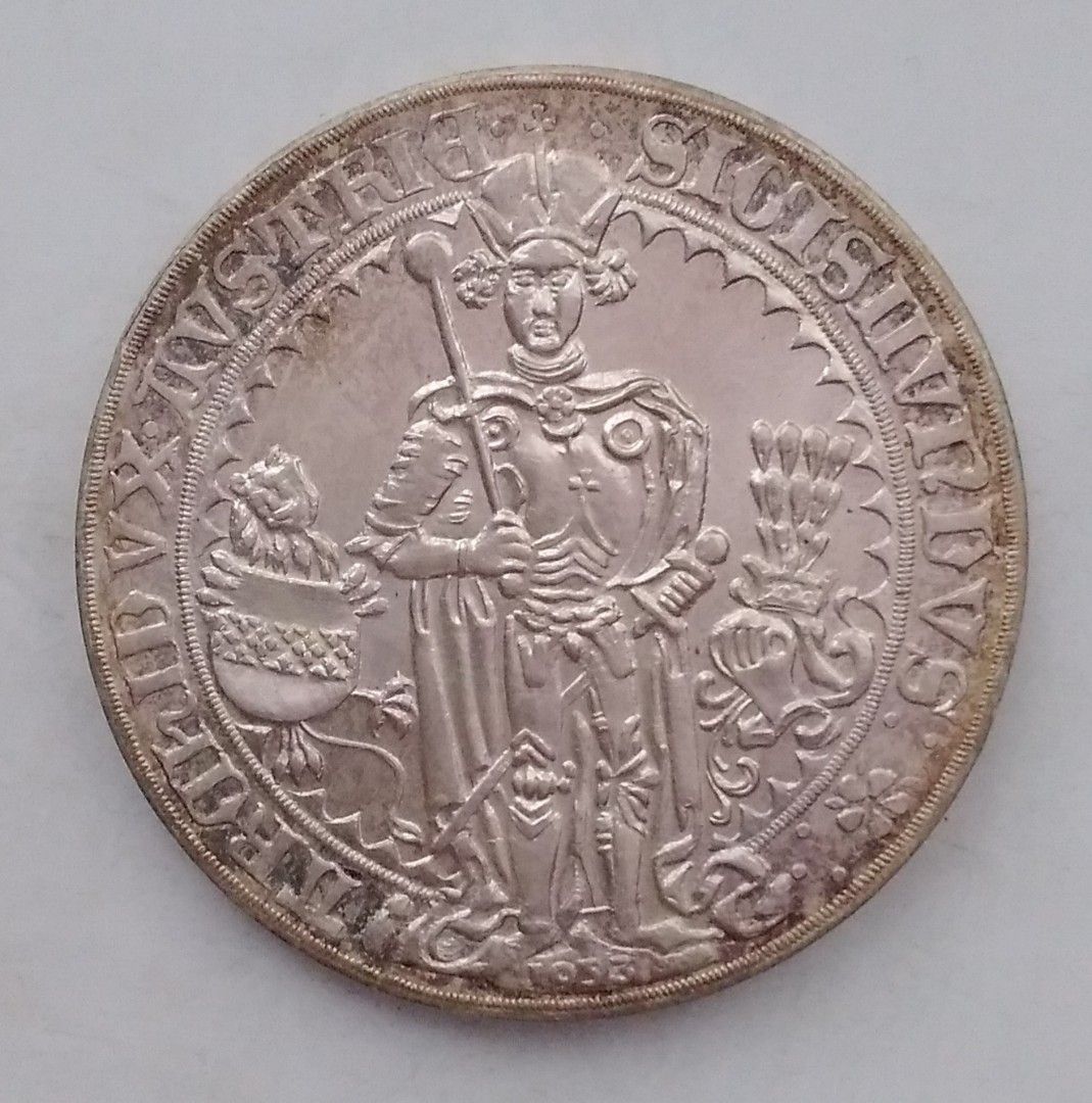 1953年奥地利共和國仿鑄提洛爾哈爾幣廠1486年1古爾丁納(Guldiner)紀念銀幣-維也納鑄造, 興趣及遊戲, 收藏品及紀念品, 錢幣-  Carousell