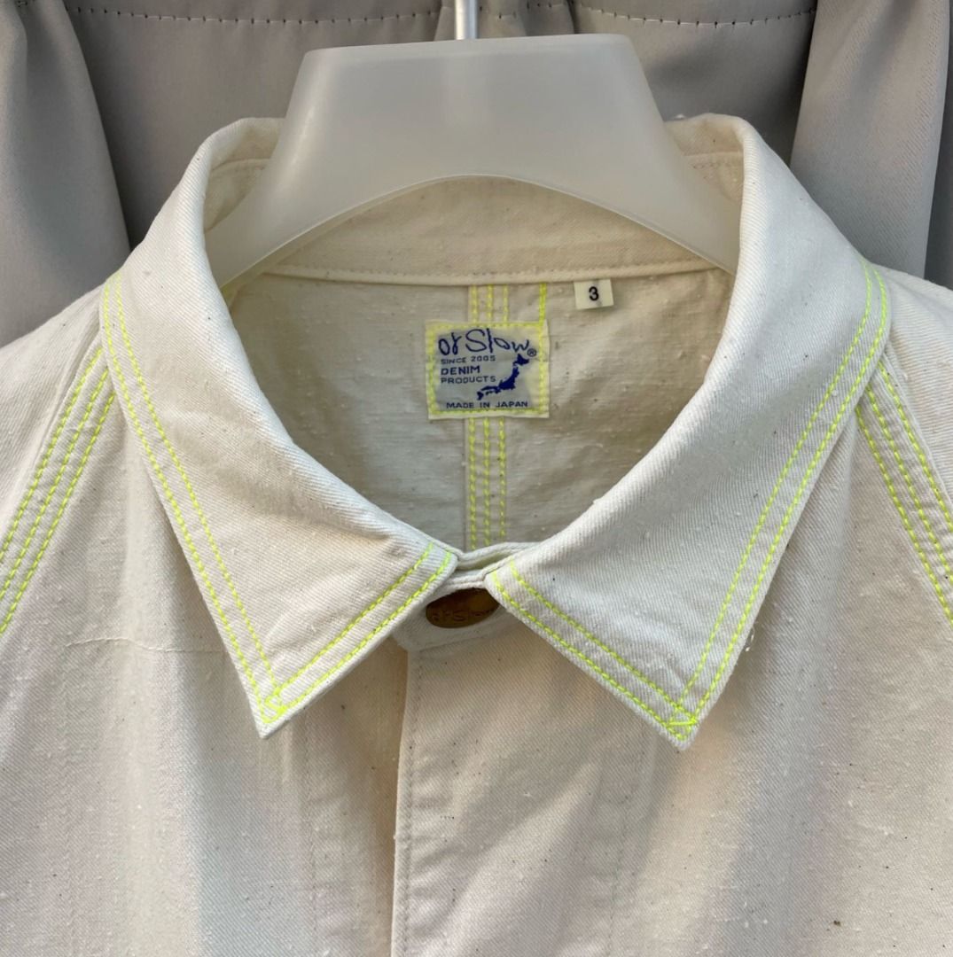 二手美品日本品牌 orSlow 50's Coverall 3號（L) 工裝外套 限量日本生產 米白色配上螢光黃車線