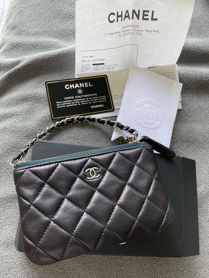Authentic Chanel Caviar Wallet Card Phone Holder O-Case Zip Pouch Clutch  Gray