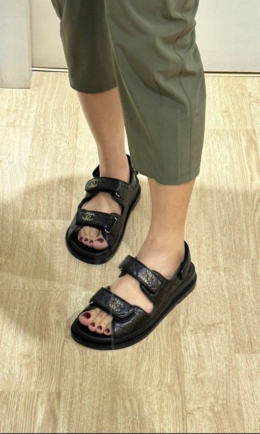 CHANEL, Shoes, Authentic Nwt Chanel Grained Calfskin Velcro Dad Sandals  Size 37 Us 7 In Black