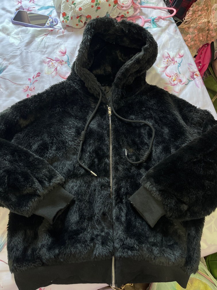 Black Furry Hoodie Jacket Good quality Women s Fashion Coats