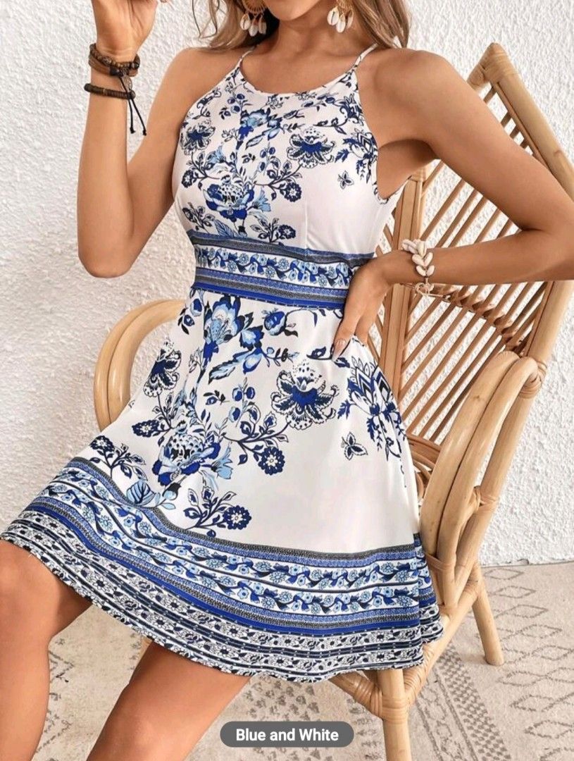 Blue and White Striped Halter Dress